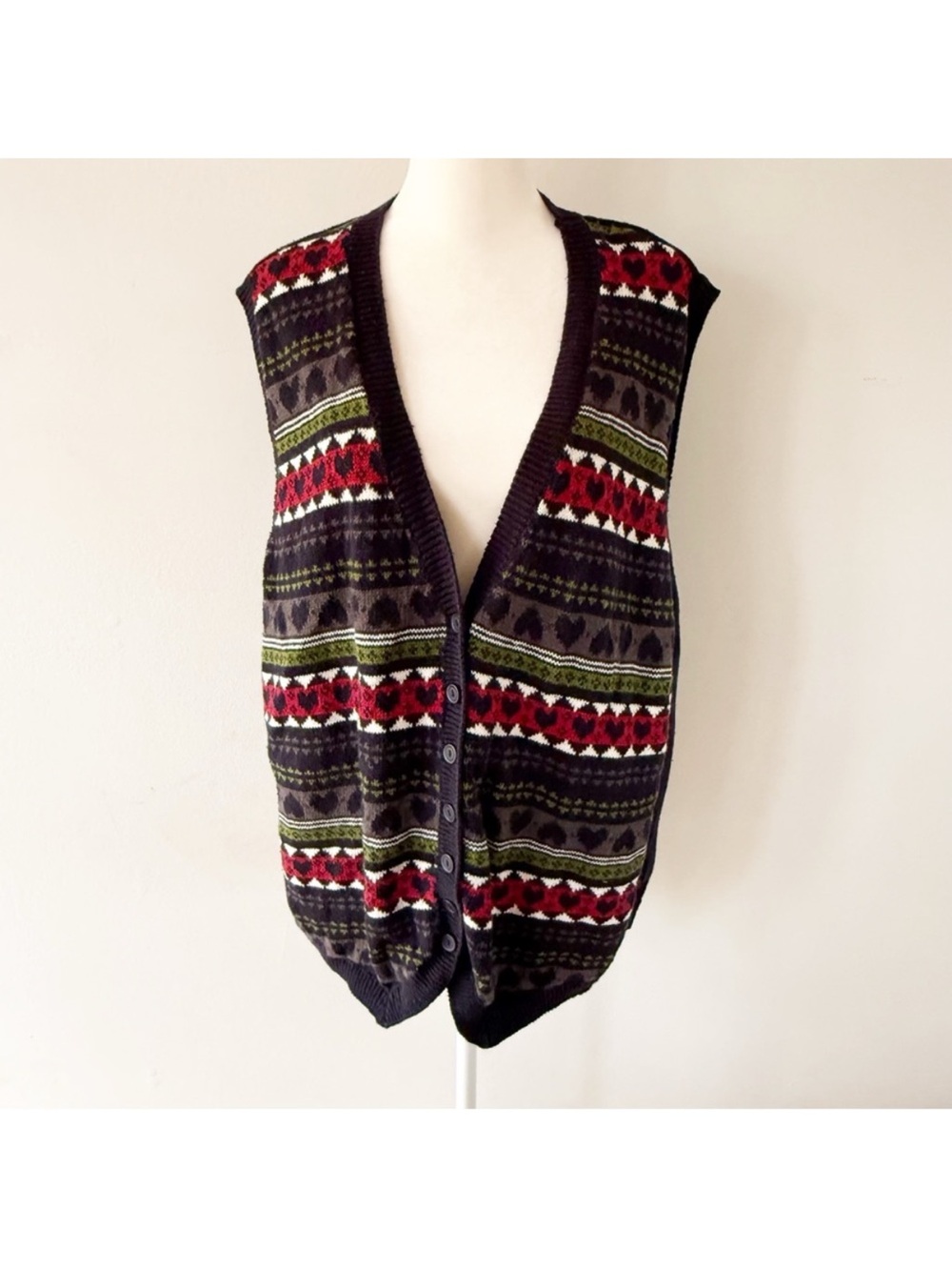Vintage Women Fair Isle Heart Sweater Vest 1X Cottagecore Casual Granny Retro
